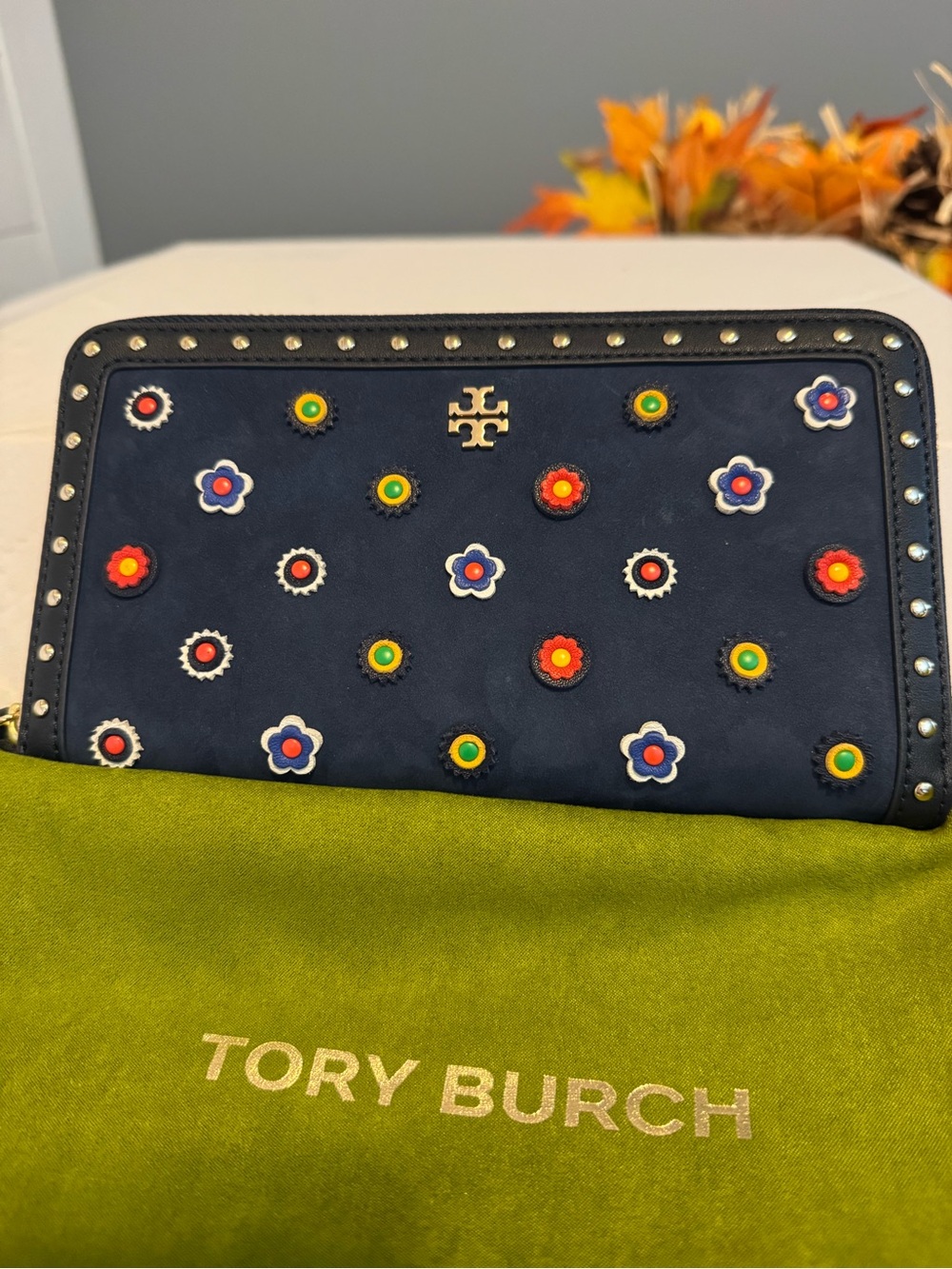 Tory Burch Marguerite Floral Zip Continental Wallet Navy  NWT included